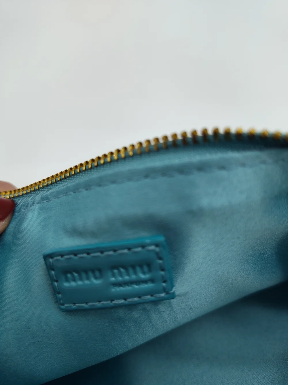 MIU MIU Eau De Parfum Blue Patent Zip Pouch Red Trim Large Case NIB NWT